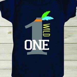 Baby Boys Wild One Graphic First Birthday Navy Bodysuit Short Sleeve Size 12M